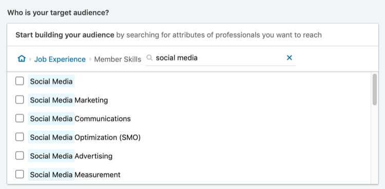 resultados da pesquisa de 'mídia social' para a segmentação das habilidades dos membros do LinkedIn