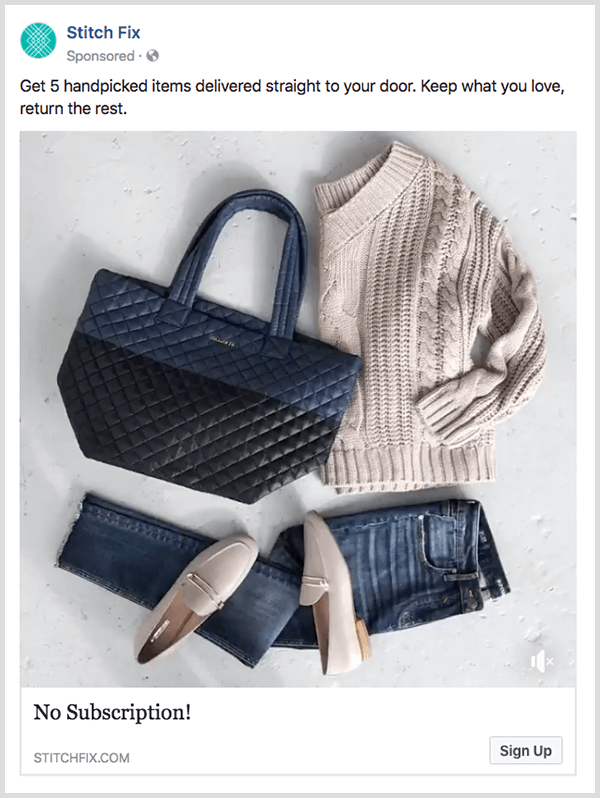 O anúncio de conversão do Facebook da Stitch Fix tem um botão Comprar agora.