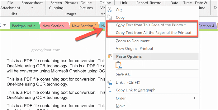 Copiando texto de uma impressão de página no OneNote