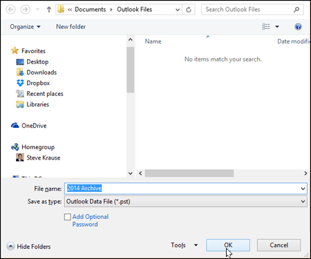 Outlook 2016 - Escolha o nome e o local do arquivo PST