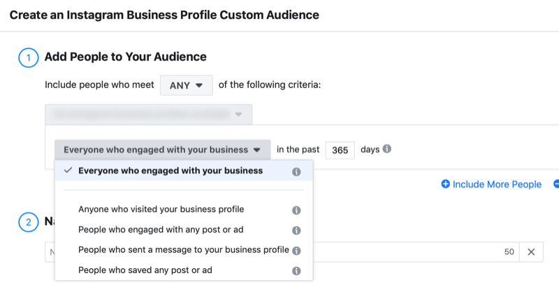 janela de configuração para público personalizado de engajamento de perfil de negócios do Instagram