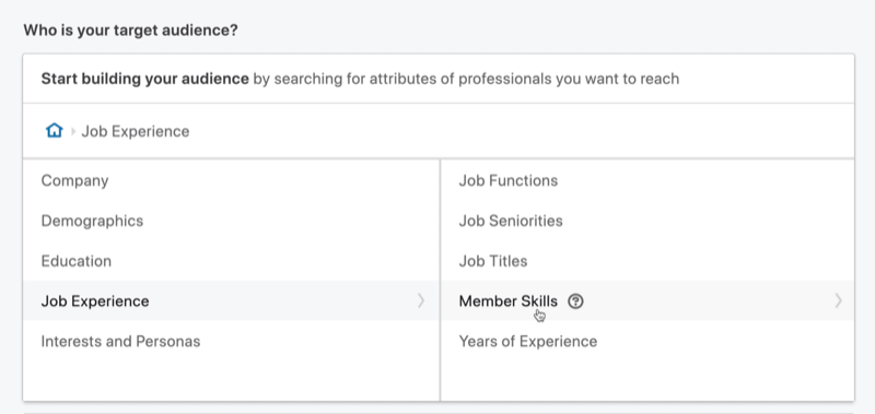 selecione habilidades de membros para segmentação de anúncios de mensagem do LinkedIn