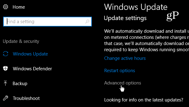Configurações avançadas de atualização do Windows 10
