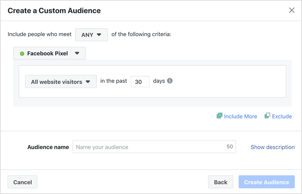 Crie um público-alvo personalizado de site para direcionar seus anúncios do Facebook.