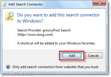 clique em adicionar quando vir a janela de adição do conector de pesquisa do Windows 7