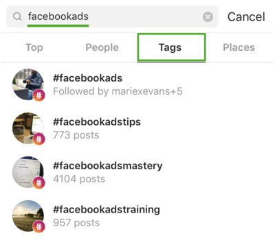 Como desenvolver estrategicamente o seu Instagram seguindo, passo 9, encontrar hashtags relevantes, exemplo de pesquisa por ‘facebookads’