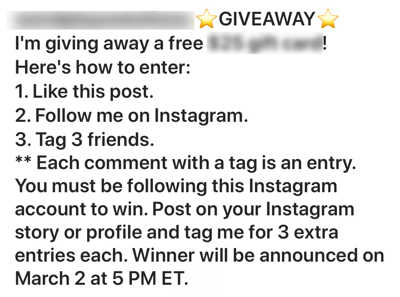 Como recrutar influenciadores sociais pagos, exemplo de postagem mal feita no concurso do Instagram
