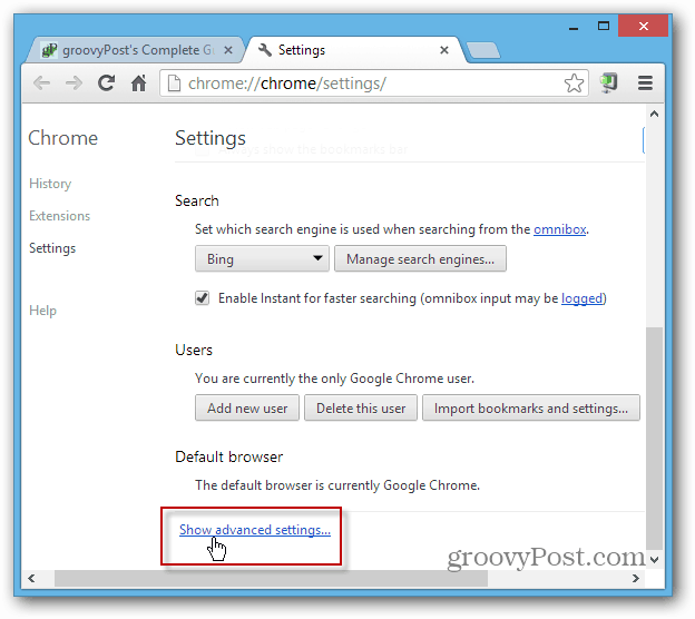 Mostrar configurações avançadas do Chrome