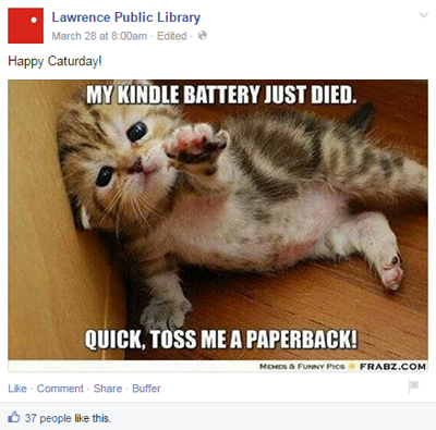publicação do facebook da biblioteca pública de lawrence