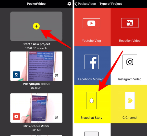 Toque em Snapchat Story para criar conteúdo para sua história no Instagram.