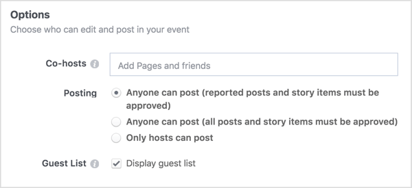 Insira os nomes das páginas de negócios ou amigos com os quais você compartilhará seu evento no Facebook.