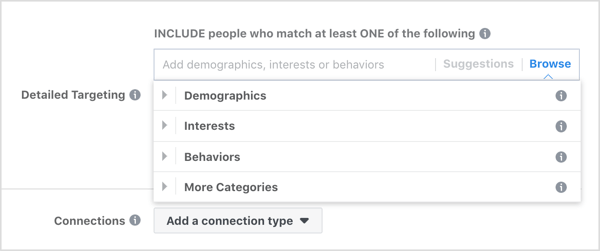 Navegue pelas opções de segmentação detalhada para anúncios do Facebook.