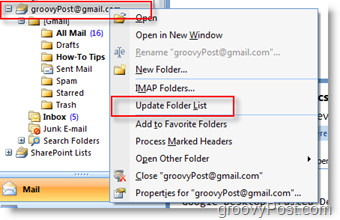 Atualizar lista de pastas iMAP GMAIL na barra de ferramentas de navegação do Outlook 2007