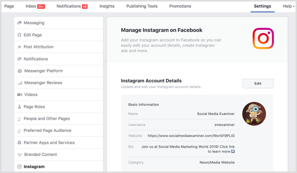 conecte o perfil do Instagram ao Facebook na guia Configurações