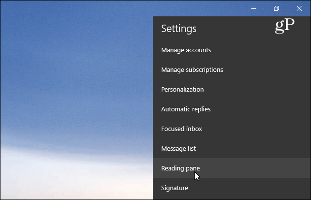 Configurações do painel de leitura Windows 10 Mail