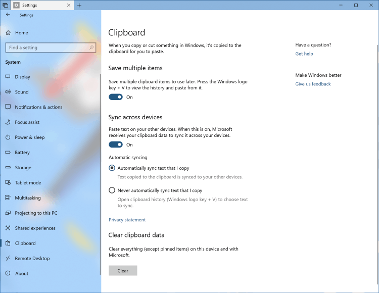Área de transferência da nuvem do Windows 10 RS5