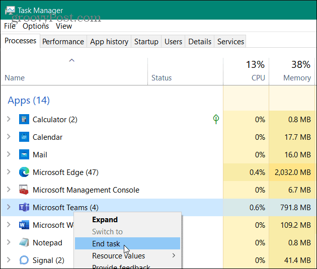 Sair do Teams Task Manager