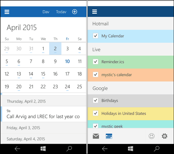 Calendário do Windows 10 para telefones