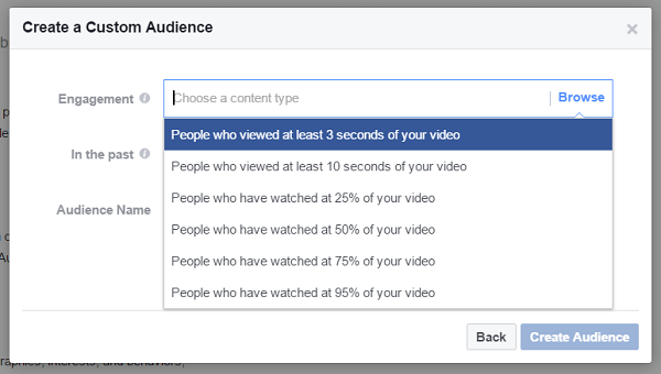 Crie um público personalizado de pessoas que assistiram a pelo menos três segundos de um vídeo anterior.