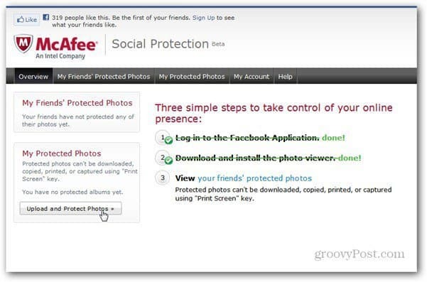 página do aplicativo de proteção social mcaffee