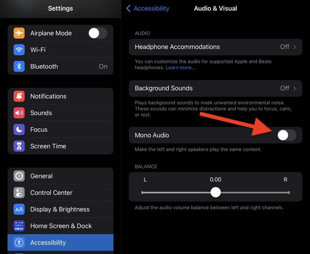 Ative e desative a opção Mono Audio nas configurações de áudio e visual do seu iPad