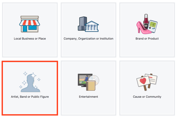 Selecione Artista, Banda ou Figura Pública como o tipo de página do Facebook.