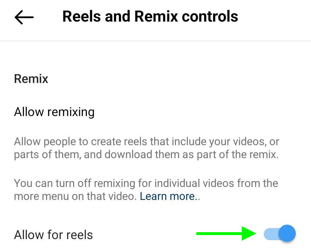 imagem de Reels e Remix Controls nas configurações do perfil comercial do Instagram