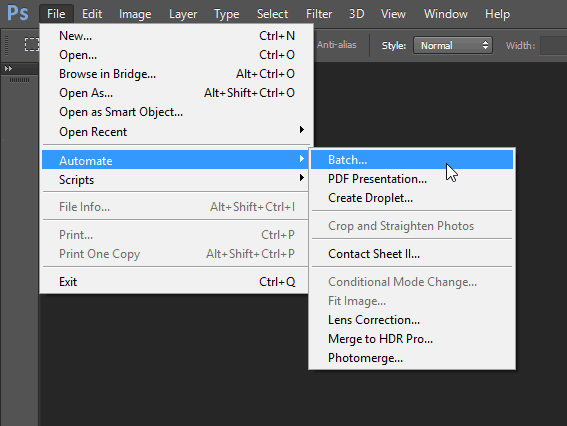 arquivo automatizar lote painel de menu do recurso de edição em lote do Photoshop