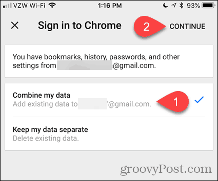 Combinar meus dados no Chrome para iOS