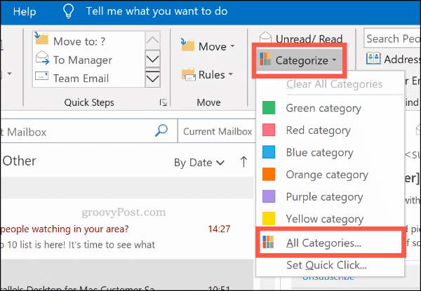 O menu de categorização para categorias de cores no Outlook