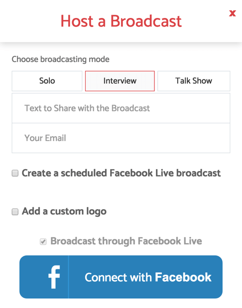 Quando você configura o BeLive para um programa de entrevista ao vivo, selecione o modo de transmissão Entrevista.