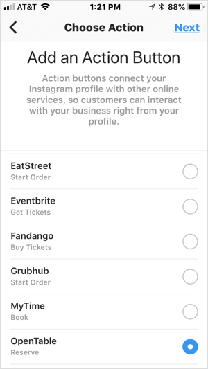Escolha um botão de ação para adicioná-lo ao seu perfil de negócios do Instagram.