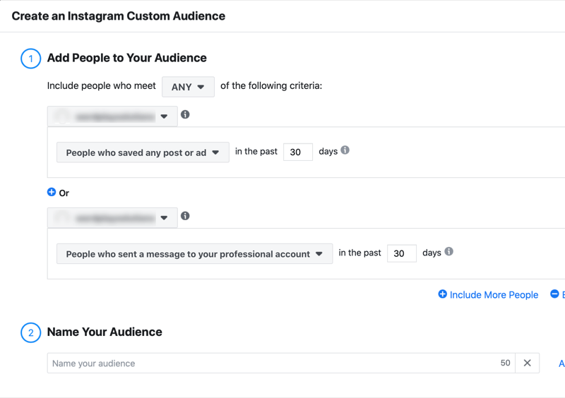 menu para criar um público personalizado do instagram com a opção de adicionar pessoas ao seu público que salvou qualquer postagem ou anúncio nos últimos 30 dias ou quem se envolveu com sua conta profissional no passado 30 dias