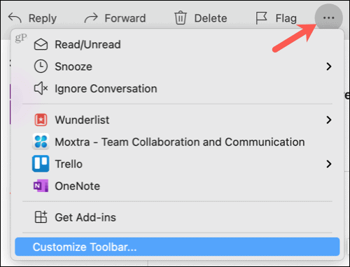 Veja mais itens, personalize a barra de ferramentas no Outlook no Mac