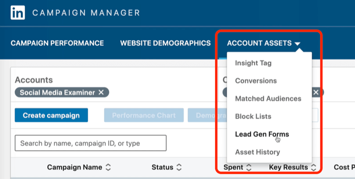 captura de tela do Lead Gen Forms selecionado no LinkedIn Campaign Manager