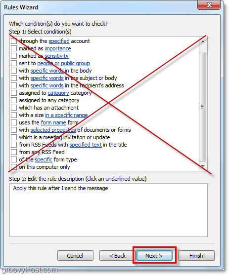 não selecione nenhuma condição para os emails enviados do Outlook 2010