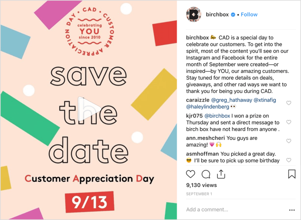 A conta de Birchbox no Instagram ofereceu aos seguidores ofertas, brindes e surpresas para marcar o Dia de Valorização do Cliente.