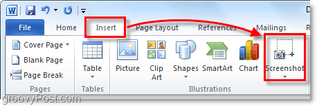 o botão de captura de tela está sob a faixa de inserção no office 2010