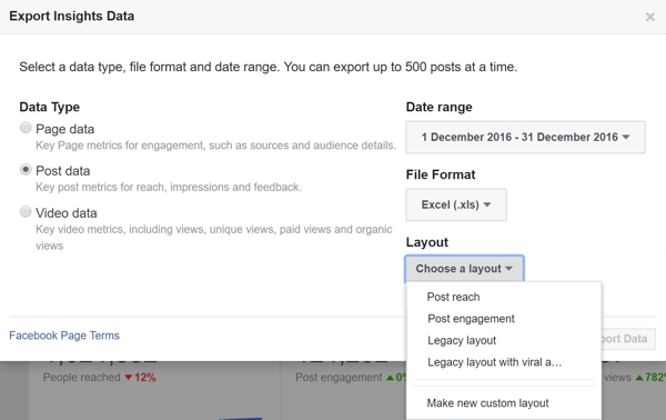 Escolha um layout ao exportar seu Facebook Post Data Insights.