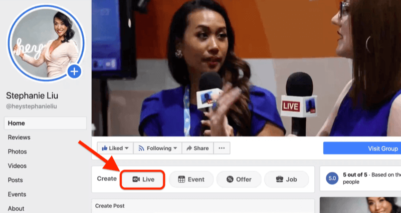vá ao vivo no Facebook clicando no botão ao vivo na sua página de negócios do Facebook