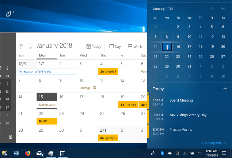 Barra de tarefas do Windows 10 de eventos do calendário