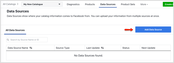 Botão Adicionar fonte de dados na guia Fontes de dados no Facebook Catalog Manager