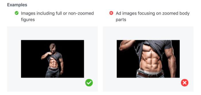 fotos aceitáveis ​​e inaceitáveis ​​mostrando partes do corpo com zoom para anúncios do Facebook