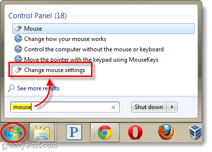 menu Iniciar do Windows configurações do mouse