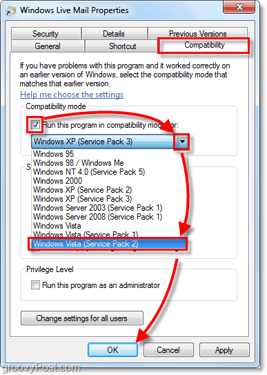 modo de compatibilidade do Windows Live Mail Vista