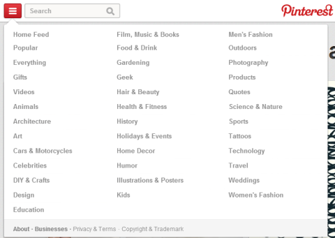 Seção de novas categorias do Pinterest
