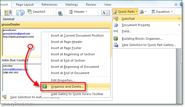 Guia de instruções para usar as peças rápidas do Autotext no Office 2010