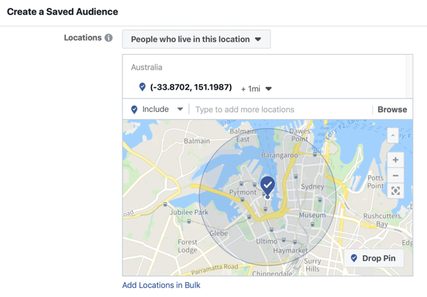 Como promover seu evento ao vivo no Facebook, etapa 5, opção de criar um público salvo com base no local do evento
