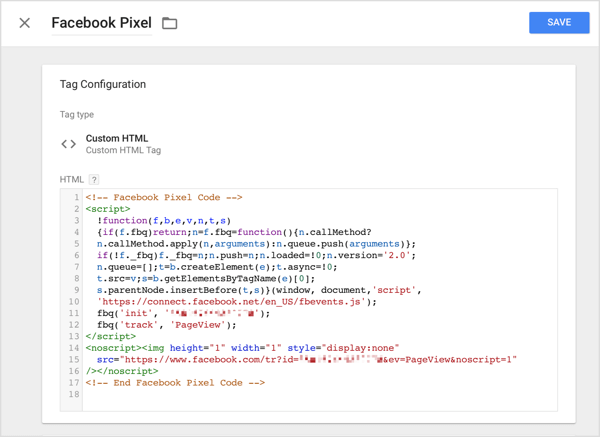 No Gerenciador de tags do Google, clique na opção HTML personalizado e cole o código de rastreamento que você copiou do Facebook na caixa HTML.