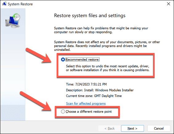 Opções de restauração do Windows 11